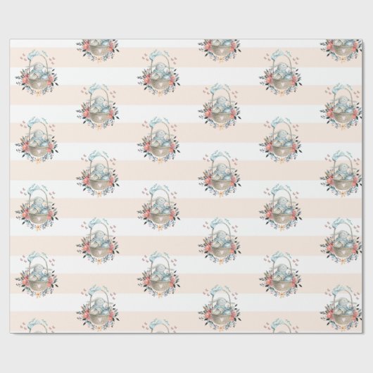 卵と花が入ったかごの中のかわいいかわいらしバニー ラッピングペーパー (フラット)