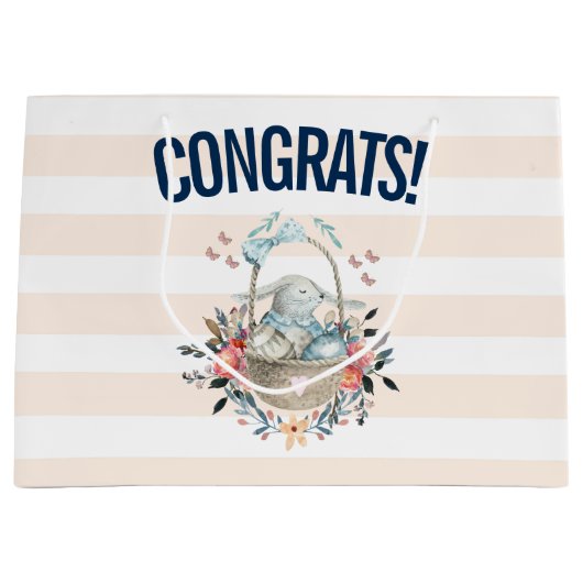 卵と花が入ったかごの中のかわいいかわいらしバニー ラージペーパーバッグ (正面)