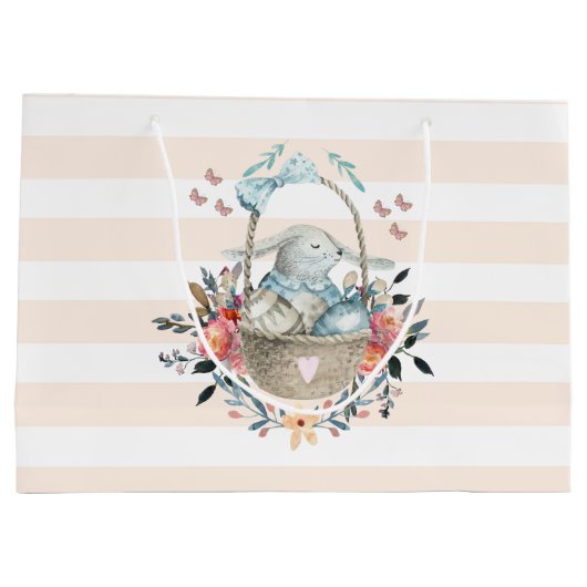 卵と花が入ったかごの中のかわいいかわいらしバニー ラージペーパーバッグ (裏面)