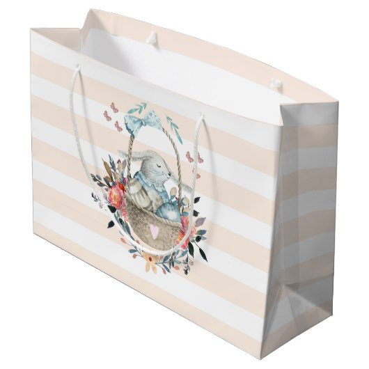 卵と花が入ったかごの中のかわいいかわいらしバニー ラージペーパーバッグ (裏面アングル)