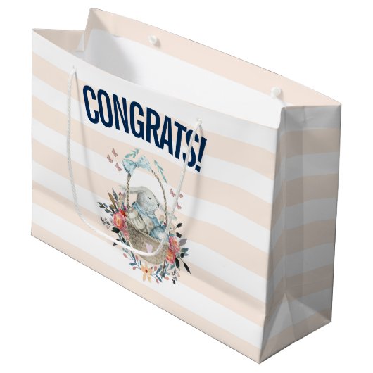 卵と花が入ったかごの中のかわいいかわいらしバニー ラージペーパーバッグ (正面アングル)