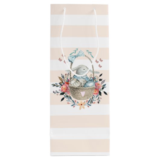 卵と花が入ったかごの中のかわいいかわいらしバニー ワインギフトバッグ (裏面)