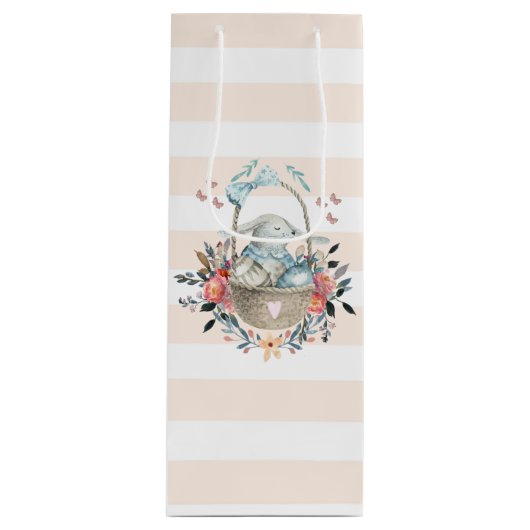 卵と花が入ったかごの中のかわいいかわいらしバニー ワインギフトバッグ (正面)