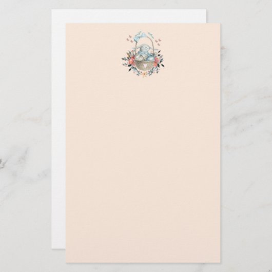 卵と花が入ったかごの中のかわいいかわいらしバニー 便箋 (正面/裏面)