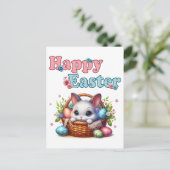 卵と花が入ったカゴのかわいいイースターバニー ポストカード (スタンド正面)