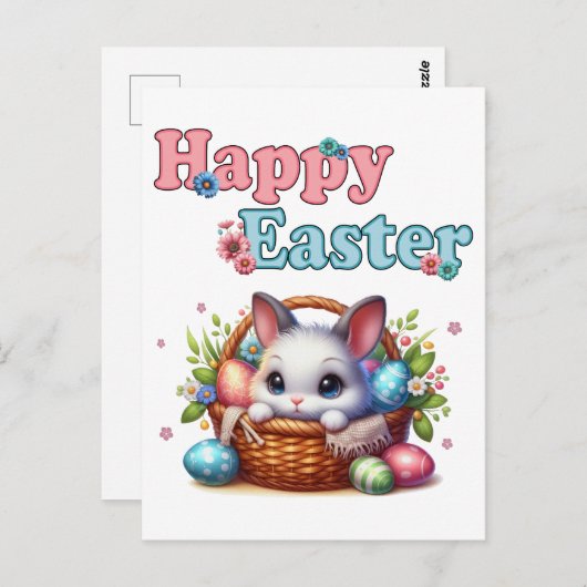 卵と花が入ったカゴのかわいいイースターバニー ポストカード (正面/裏面)