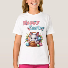 卵と花が入ったカゴのかわいいイースターバニー Tシャツ