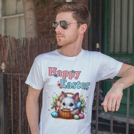 卵と花が入ったカゴのかわいいイースターバニー Tシャツ