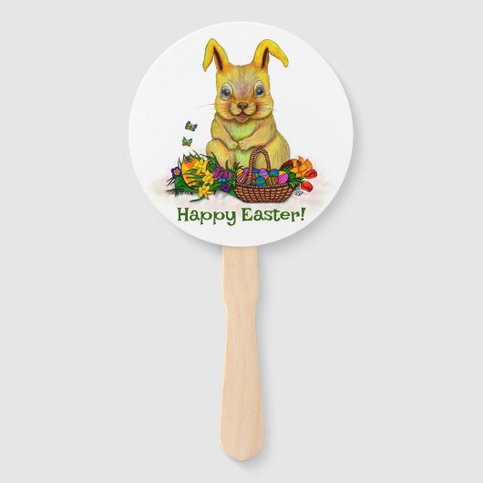 卵と花が咲くかわいいイースターウサギ ハンドファン (正面)