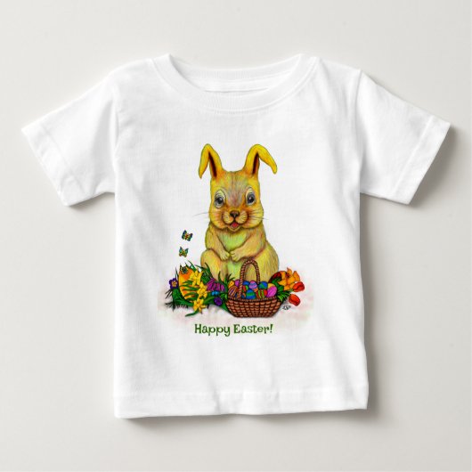 卵と花が咲くかわいいイースターウサギ ベビーTシャツ (正面)