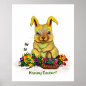 卵と花が咲くかわいいイースターウサギ ポスター (正面)