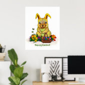 卵と花が咲くかわいいイースターウサギ ポスター (ホームオフィス)