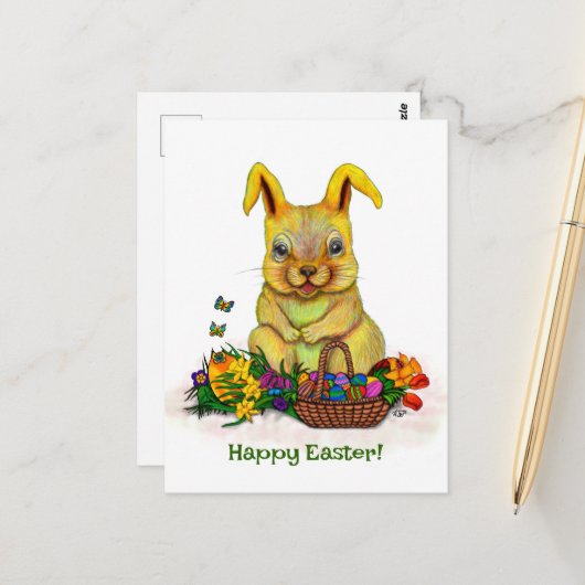 卵と花が咲くかわいいイースターウサギ ポストカード (正面/裏面インサイチュ)