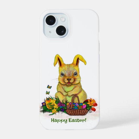 卵と花が咲くかわいいイースターウサギ iPhone 15ケース (裏面)
