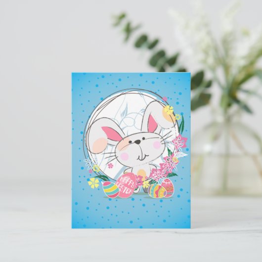 卵と飾春の花を持つイースターバニー シーズンポストカード (スタンド正面)