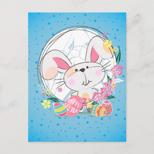 卵と飾春の花を持つイースターバニー シーズンポストカード (正面)