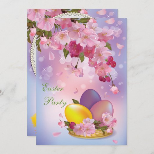 卵のイースター美しい花及びパーティー 招待状 (正面/裏面)