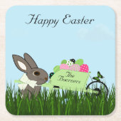 卵のコースターの輪車を持つイースターウサギ スクエアペーパーコースター (正面)