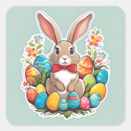 卵のステッカー付きの茶色のイースターバニー。 スクエアシール