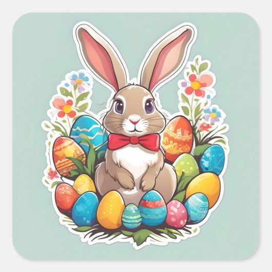 卵のステッカー付きの茶色のイースターバニー。 スクエアシール (正面)