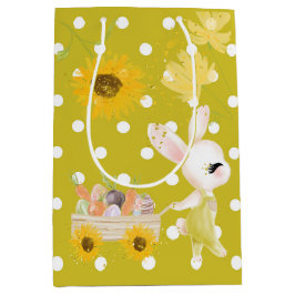 卵のバスケットと可愛い水色のイースターバニー ミディアムペーパーバッグ