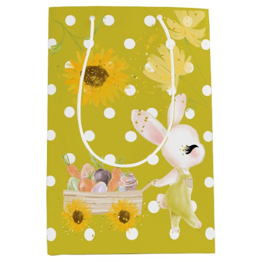 卵のバスケットと可愛い水色のイースターバニー ミディアムペーパーバッグ (正面)