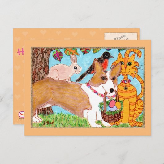 卵のバスケットの民芸イースターのコーギー及び友人 シーズンポストカード (正面/裏面)