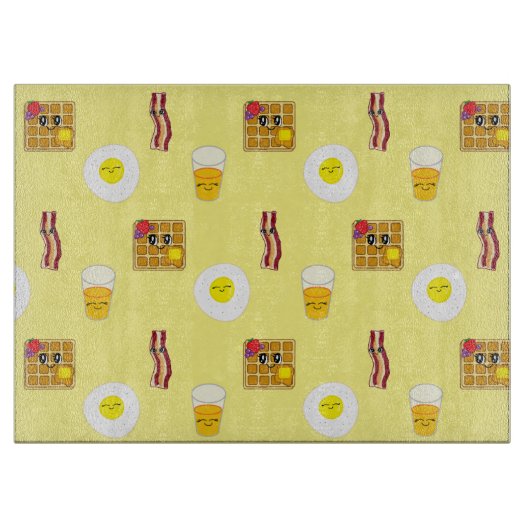 卵のフライ、ベーコン、ワッフル、オレンジジュース カッティングボード (正面)