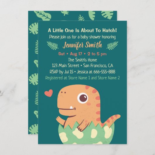 卵のベビーシャワーからかわいいオレンジの恐竜が孵化 招待状 (正面/裏面)