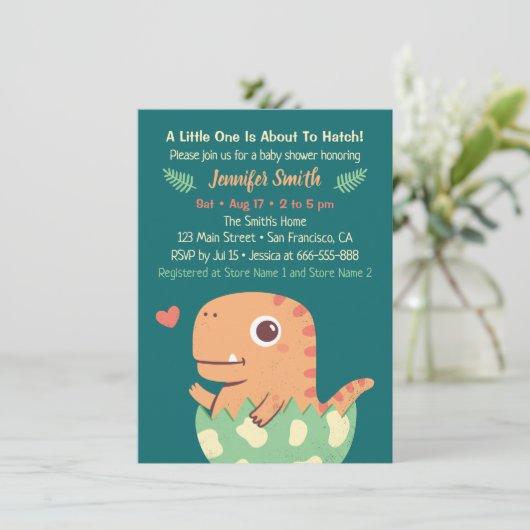 卵のベビーシャワーからかわいいオレンジの恐竜が孵化 招待状 (スタンド正面)