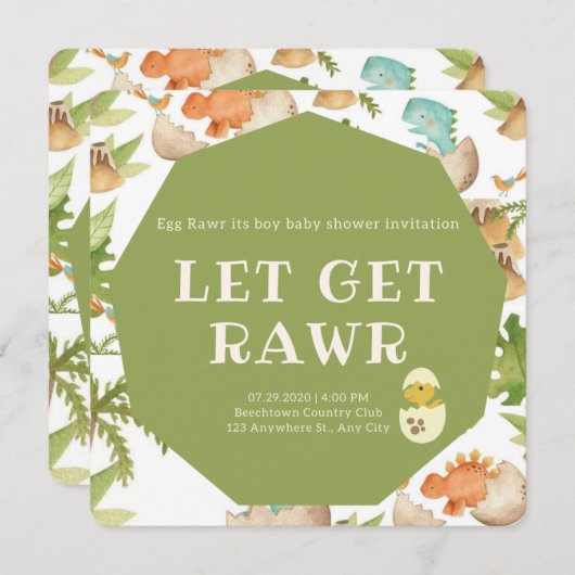 卵の中の可愛い恐竜の男の子シャワーの招待 招待状 (正面/裏面)