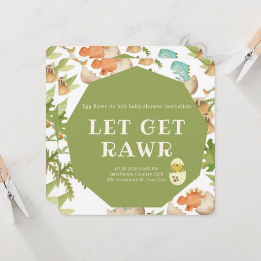 卵の中の可愛い恐竜の男の子シャワーの招待 招待状 (正面/裏面インサイチュ)