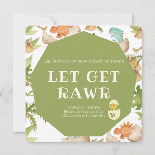 卵の中の可愛い恐竜の男の子シャワーの招待 招待状 (正面)