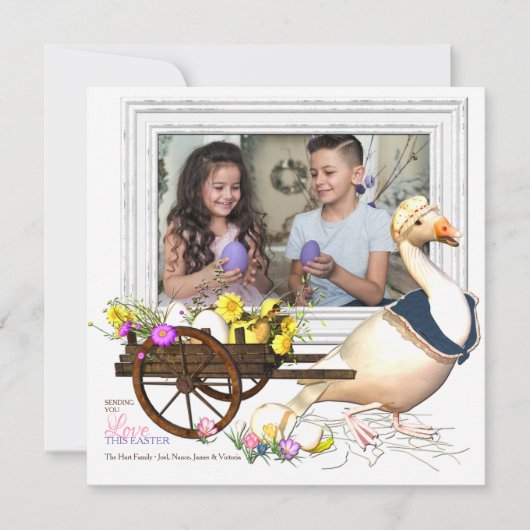 卵の写真のイースターカードを持つガチョウ 招待状 (正面)