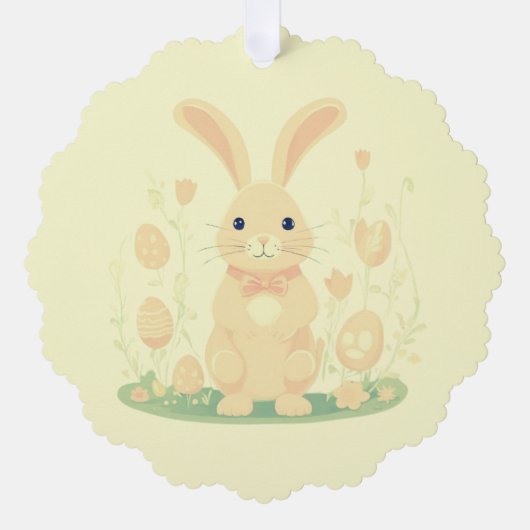卵の幼稚園の黄色と可愛いイースターバニー オーナメントカード (正面)