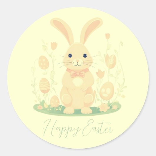 卵の幼稚園の黄色と可愛いイースターバニー ラウンドシール (正面)