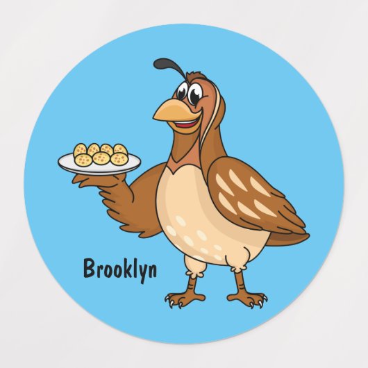 卵の漫画と幸せなウズラ ラベル (デザイン1)