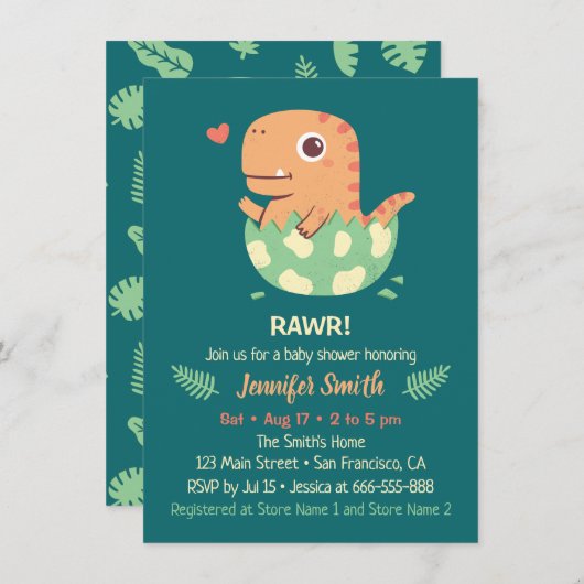 卵の赤ちゃんシャワーからかわいい恐竜が孵化 招待状 (正面/裏面)