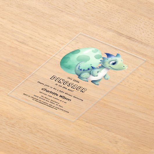 卵の赤ちゃんシャワー付きかわいいベビー恐竜 アクリル招待状 (レイダウン)