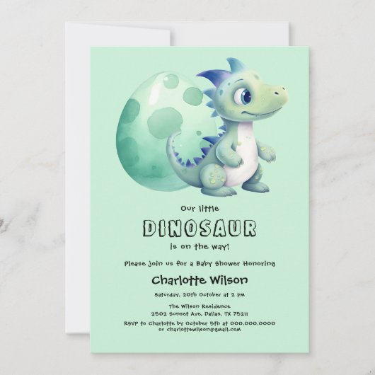 卵の赤ちゃんシャワー付きかわいいベビー恐竜 招待状 (正面)
