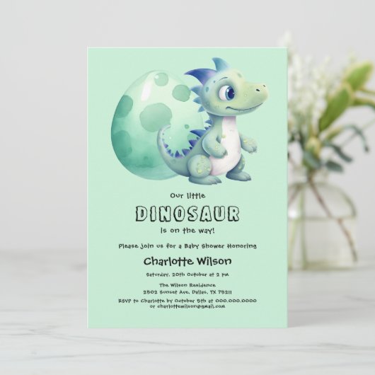 卵の赤ちゃんシャワー付きかわいいベビー恐竜 招待状 (スタンド正面)