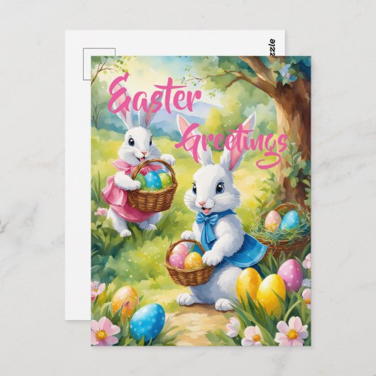 卵を持つ白いイースターカラフルウサギ ポストカード (正面/裏面)