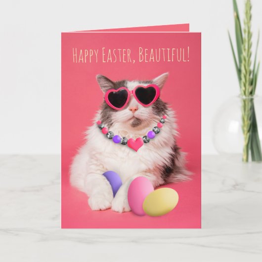 卵を持つ魅惑的な猫のためのハッピーイースター シーズンカード (正面)