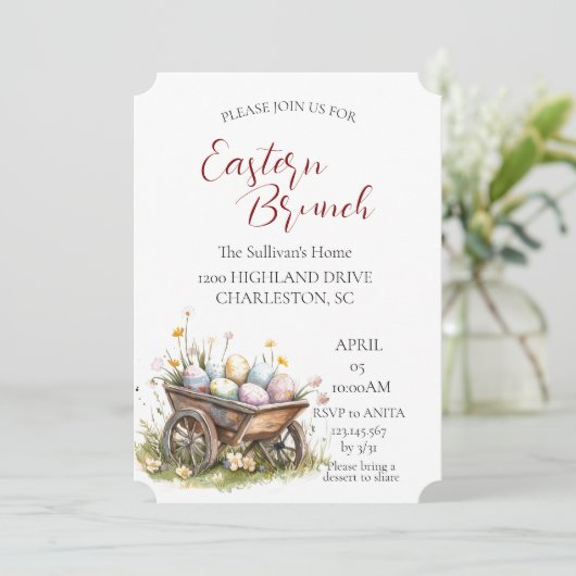 卵イースターブランチ付き木製トロリー 招待状 (スタンド正面)