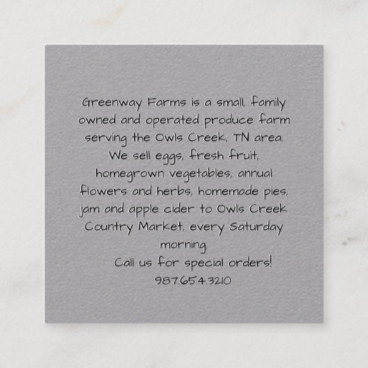 卵カートングレーファーム新鮮な卵とヴィンテージヘン スクエア名刺 (裏面)