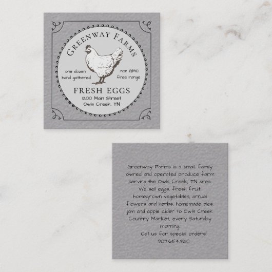 卵カートングレーファーム新鮮な卵とヴィンテージヘン スクエア名刺 (正面/裏面)