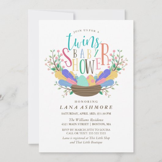 卵及びカラフルの羽の双生児のベビーシャワー 招待状 (正面)