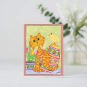 卵及びチューリップの民芸イースターの猫及びひよこ シーズンポストカード (スタンド正面)