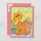 卵及びチューリップの民芸イースターの猫及びひよこ シーズンポストカード (正面/裏面)