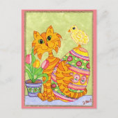卵及びチューリップの民芸イースターの猫及びひよこ シーズンポストカード (正面)